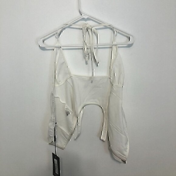 NEW NWT PRETTYLITTLETHING Woven Cross Front Cutout Stirrup Hem Top Cream Ivory 8 - Picture 11 of 12